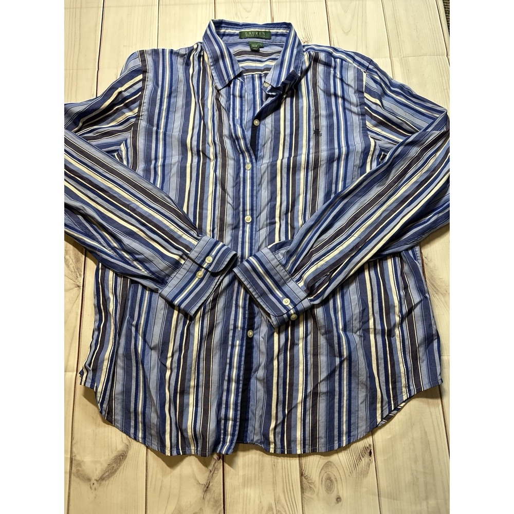 Vintage Lauren Ralph Lauren Blue Striped Polo Long Sleeve Mens Large 100% Cotton
